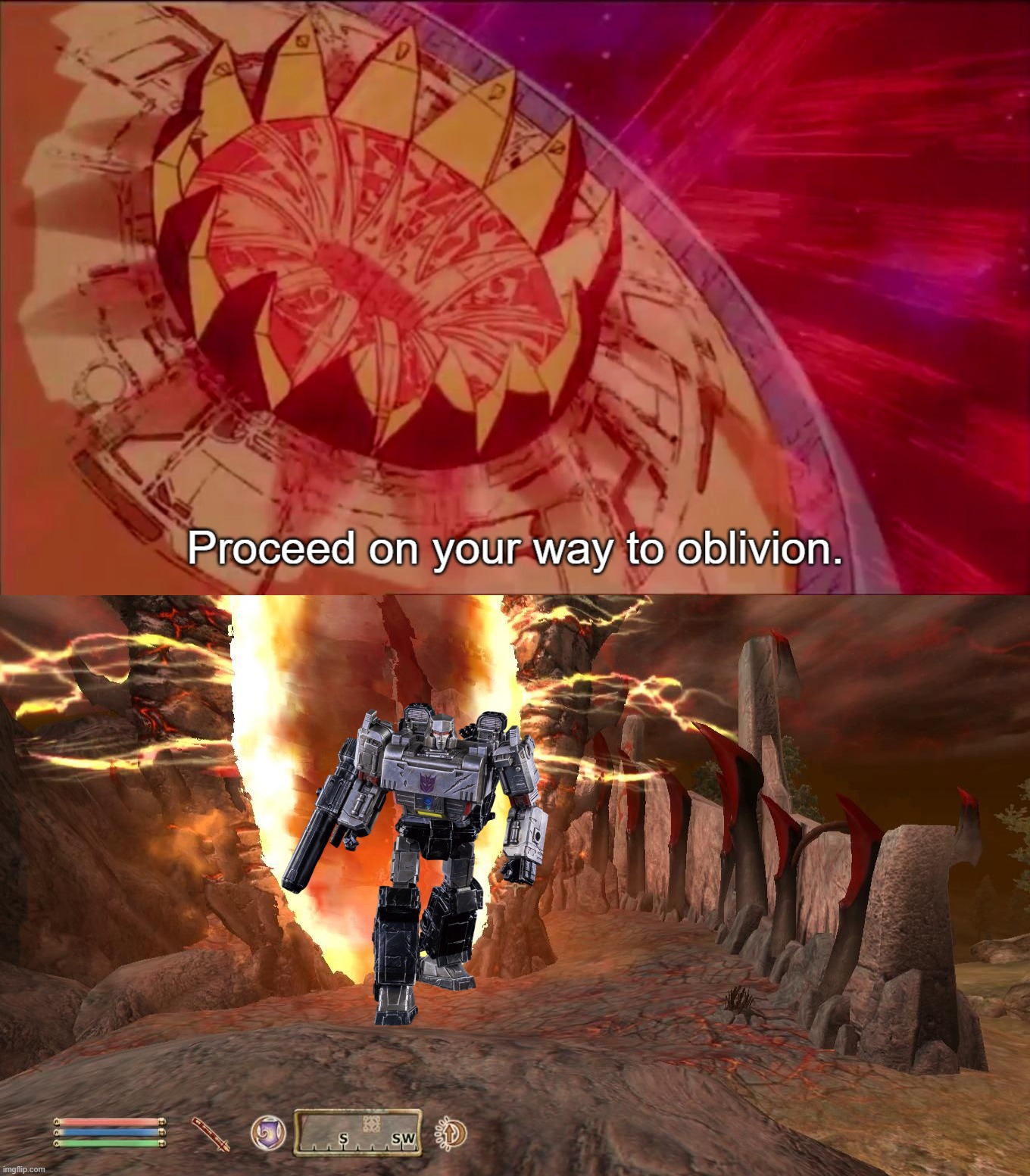 image tagged in proceed on your way to oblivion,elder scrolls,oblivion,megatron,unicron | made w/ Imgflip meme maker