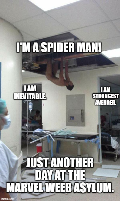 PCP is a helluva drug | I'M A SPIDER MAN! I AM INEVITABLE. I AM STRONGEST AVENGER. JUST ANOTHER DAY AT THE MARVEL WEEB ASYLUM. | image tagged in pcp is a helluva drug | made w/ Imgflip meme maker