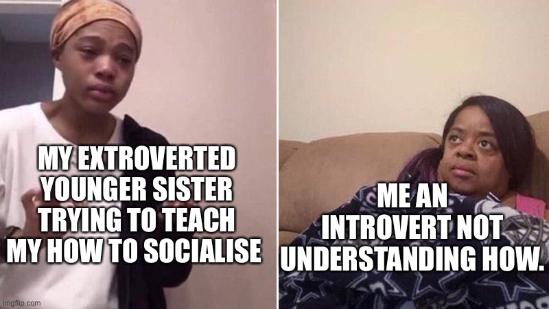 My sister explaining to me | MY EXTROVERTED YOUNGER SISTER TRYING TO TEACH MY HOW TO SOCIALISE; ME AN INTROVERT NOT UNDERSTANDING HOW. | image tagged in me explaining to my mom,how tho | made w/ Imgflip meme maker