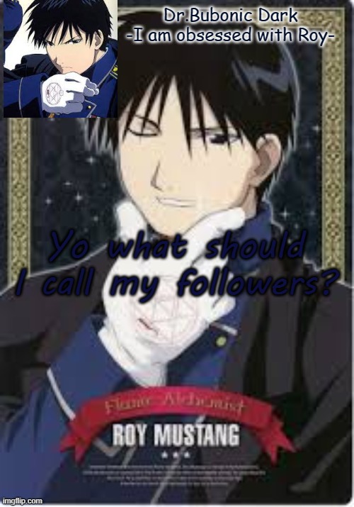 Roy is hawt do not question me | Yo what should I call my followers? | image tagged in roy is hawt do not question me | made w/ Imgflip meme maker