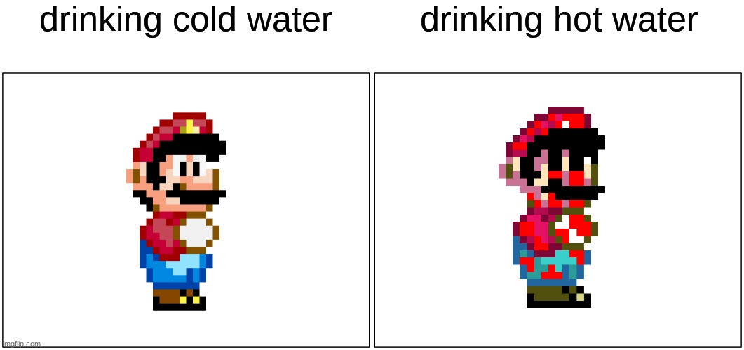 Blank Comic Panel 2x1 | drinking cold water; drinking hot water | image tagged in memes,blank comic panel 2x1 | made w/ Imgflip meme maker
