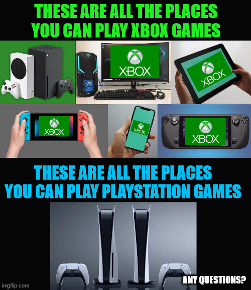 Sony is getting scared of MS's business model. | THESE ARE ALL THE PLACES YOU CAN PLAY XBOX GAMES; THESE ARE ALL THE PLACES YOU CAN PLAY PLAYSTATION GAMES; ANY QUESTIONS? | image tagged in backwards compatibility,cloud gaming,game pass | made w/ Imgflip meme maker