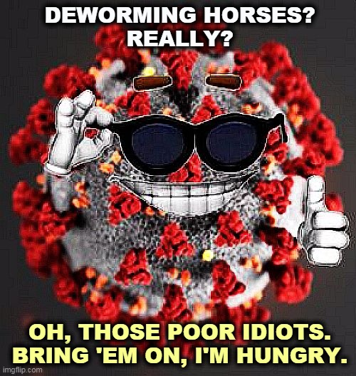 The wages of cretinism is death. | DEWORMING HORSES?
REALLY? OH, THOSE POOR IDIOTS. BRING 'EM ON, I'M HUNGRY. | image tagged in covid virus smile,horse,medicine,anti vax,idiots,dead | made w/ Imgflip meme maker