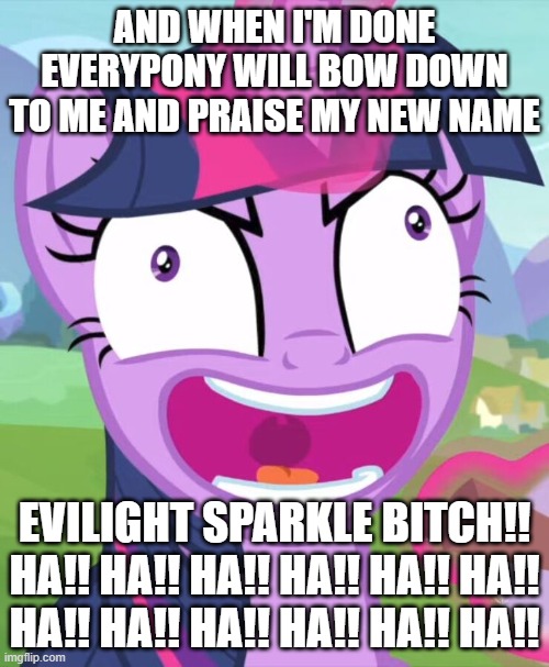 AND WHEN I'M DONE EVERYPONY WILL BOW DOWN TO ME AND PRAISE MY NEW NAME; EVILIGHT SPARKLE BITCH!! HA!! HA!! HA!! HA!! HA!! HA!! HA!! HA!! HA!! HA!! HA!! HA!! | made w/ Imgflip meme maker