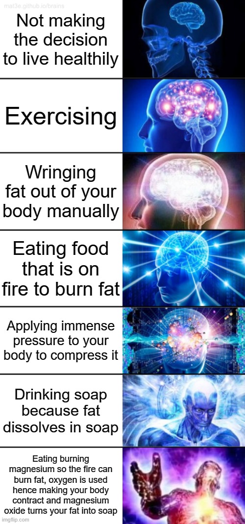 Nobody: Ads: Dieticians hate him! Learn how this man lost 330 pounds in 5 minutes. | Not making the decision to live healthily; Exercising; Wringing fat out of your body manually; Eating food that is on fire to burn fat; Applying immense pressure to your body to compress it; Drinking soap because fat dissolves in soap; Eating burning magnesium so the fire can burn fat, oxygen is used hence making your body contract and magnesium oxide turns your fat into soap | image tagged in 7-tier expanding brain | made w/ Imgflip meme maker