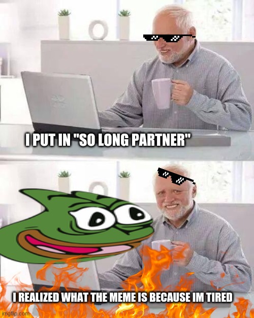 I PUT IN "SO LONG PARTNER" I REALIZED WHAT THE MEME IS BECAUSE IM TIRED | image tagged in memes,hide the pain harold | made w/ Imgflip meme maker