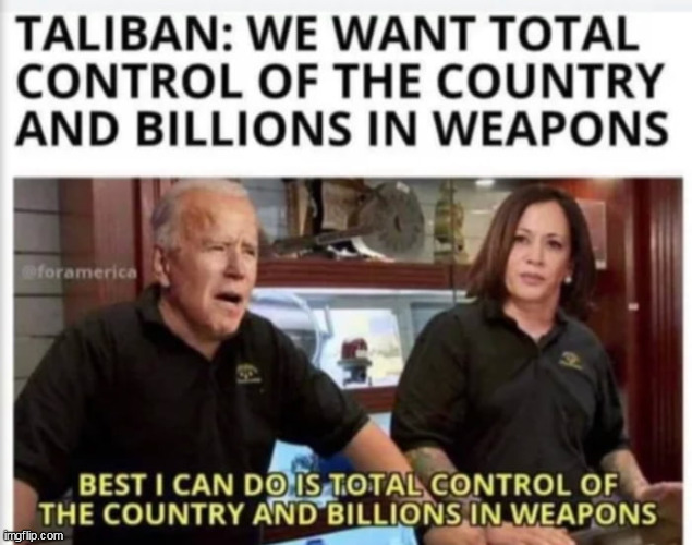 Love how they put Kamala Harris in, reminding us she's been part and parcel of the operation all along as well | BEST I CAN DO IS TOTAL CONTROL OF THE COUNTRY AND BILLIONS IN WEAPONS; TALIBAN:  WE WANT TOTAL CONTROL OF THE COUNTRY AND BILLIONS IN WEAPONS | image tagged in joe biden,kamala harris,afghanistan fiasco,taliban giveaway | made w/ Imgflip meme maker