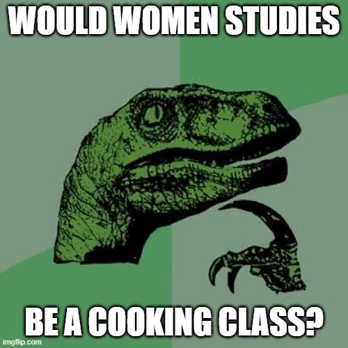 Philosoraptor Meme | WOULD WOMEN STUDIES; BE A COOKING CLASS? | image tagged in memes,philosoraptor | made w/ Imgflip meme maker