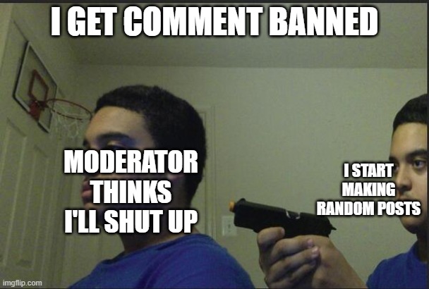 Trust Nobody, Not Even Yourself | I GET COMMENT BANNED; I START MAKING RANDOM POSTS; MODERATOR THINKS I'LL SHUT UP | image tagged in trust nobody not even yourself | made w/ Imgflip meme maker