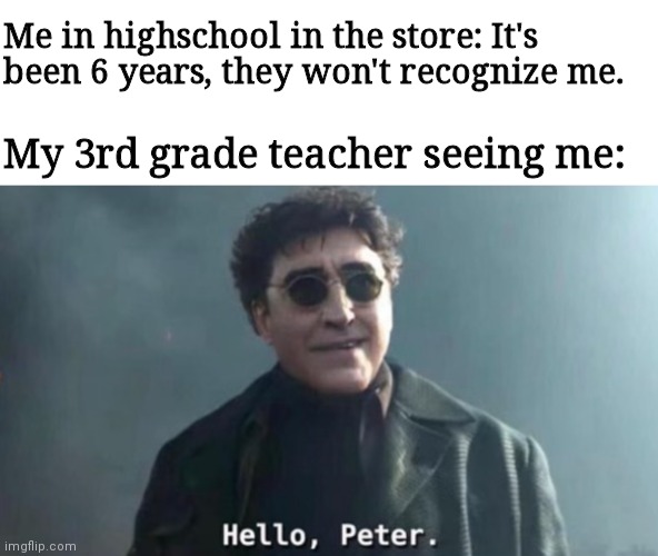 Hello Peter | Me in highschool in the store: It's been 6 years, they won't recognize me. My 3rd grade teacher seeing me: | image tagged in hello peter | made w/ Imgflip meme maker