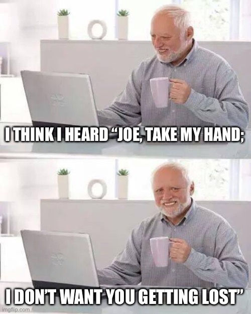 Hide the Pain Harold Meme | I THINK I HEARD “JOE, TAKE MY HAND; I DON’T WANT YOU GETTING LOST” | image tagged in memes,hide the pain harold | made w/ Imgflip meme maker