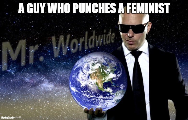 A GUY WHO PUNCHES A FEMINIST | image tagged in mr worldwide | made w/ Imgflip meme maker