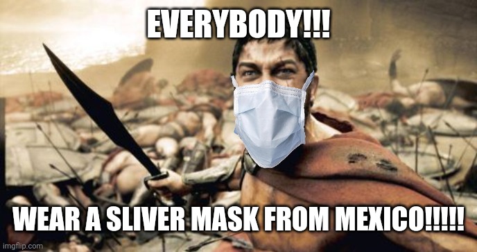 Sparta Leonidas Meme | EVERYBODY!!! WEAR A SLIVER MASK FROM MEXICO!!!!! | image tagged in memes,sparta leonidas,mask,mexico,coronavirus,covid-19 | made w/ Imgflip meme maker