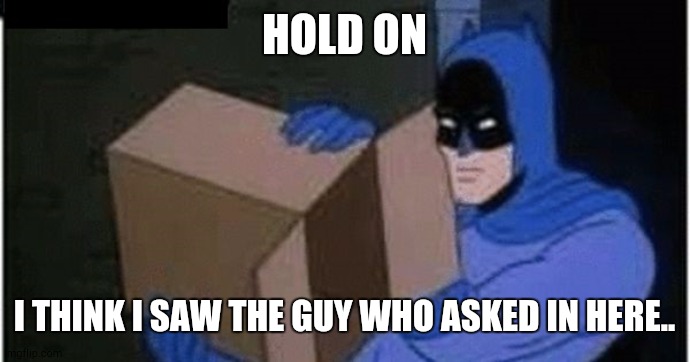 Batman Cant Find | HOLD ON I THINK I SAW THE GUY WHO ASKED IN HERE.. | image tagged in batman cant find | made w/ Imgflip meme maker