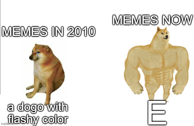 E meme | MEMES NOW; MEMES IN 2010; E; a dogo with flashy color | image tagged in memes,pie charts,gifs,funny | made w/ Imgflip meme maker