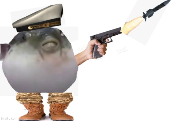 Pufferfish in war with gun shooting a missile | image tagged in fish,war,gun,missile | made w/ Imgflip meme maker