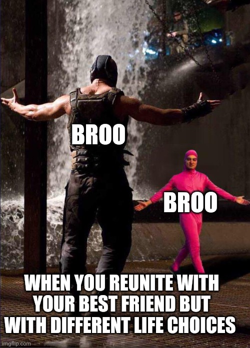Pink Guy vs Bane |  BROO; BROO; WHEN YOU REUNITE WITH YOUR BEST FRIEND BUT WITH DIFFERENT LIFE CHOICES | image tagged in pink guy vs bane | made w/ Imgflip meme maker