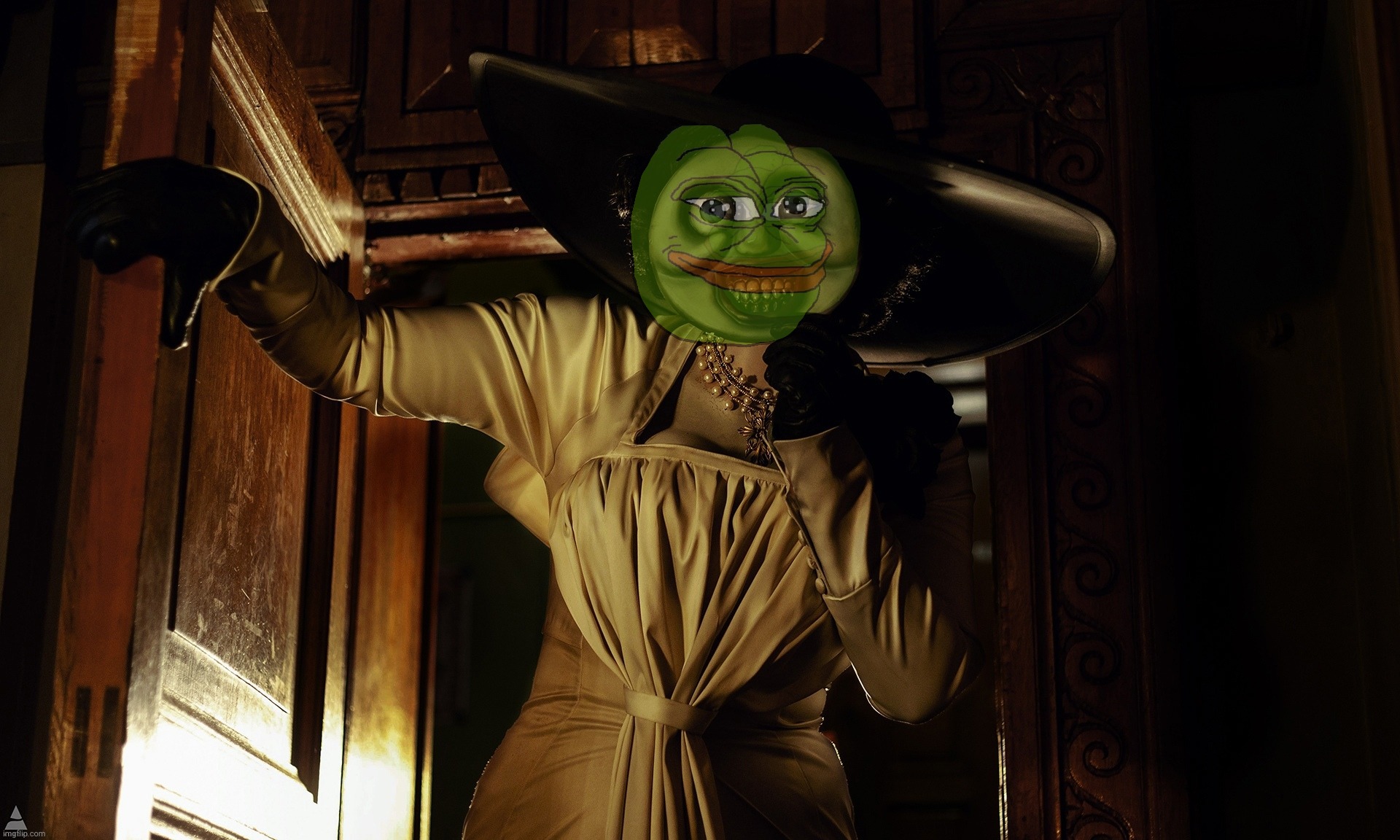 Behind the mask,,, | image tagged in lady dimitrescu,pepe,pepe party,la d,crossover templates,vote pepe | made w/ Imgflip meme maker