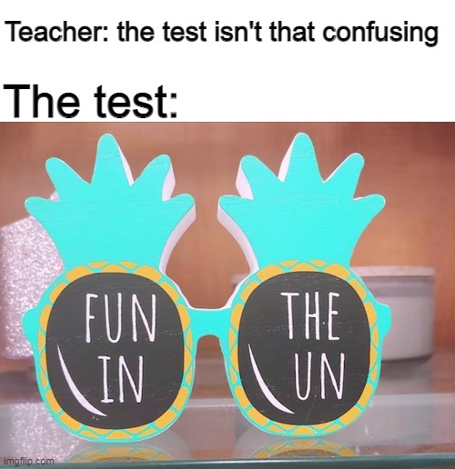 Fun the in un??????? | Teacher: the test isn't that confusing; The test: | image tagged in the test,you had one job | made w/ Imgflip meme maker