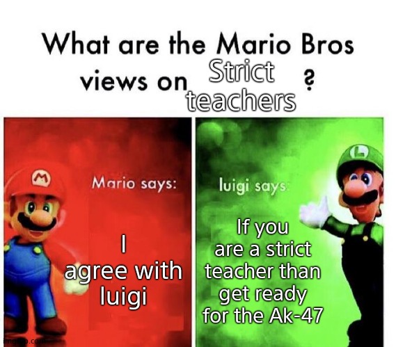 Mario Bros Views | Strict teachers; I agree with luigi; If you are a strict teacher than get ready for the Ak-47 | image tagged in mario bros views,school,so true | made w/ Imgflip meme maker