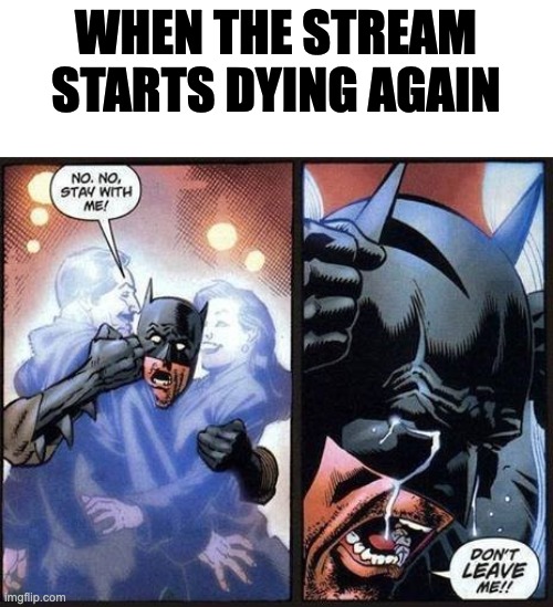 Batman don't leave me | WHEN THE STREAM STARTS DYING AGAIN | image tagged in batman don't leave me | made w/ Imgflip meme maker