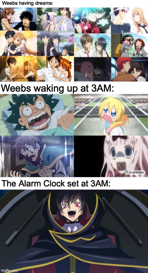 Reality Shocker v2 | Weebs having dreams:; Weebs waking up at 3AM:; The Alarm Clock set at 3AM: | image tagged in anime | made w/ Imgflip meme maker