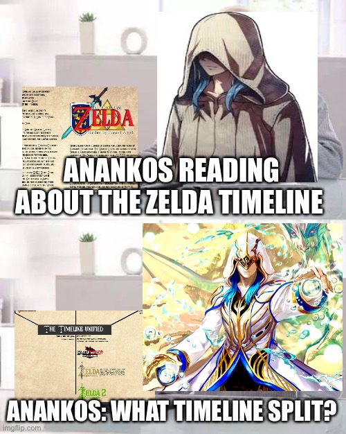 Anankos is fate | ANANKOS READING ABOUT THE ZELDA TIMELINE; ANANKOS: WHAT TIMELINE SPLIT? | image tagged in memes,hide the pain harold | made w/ Imgflip meme maker