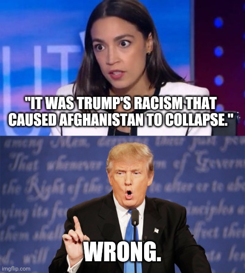 Another moronic moment with aoc. | "IT WAS TRUMP'S RACISM THAT CAUSED AFGHANISTAN TO COLLAPSE."; WRONG. | image tagged in memes | made w/ Imgflip meme maker