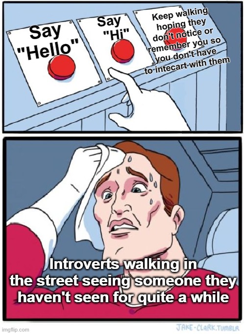 Three Button Decision |  Keep walking hoping they don't notice or remember you so you don't have to intecart with them; Say    "Hi"; Say "Hello"; Introverts walking in the street seeing someone they haven't seen for quite a while | image tagged in three button decision | made w/ Imgflip meme maker