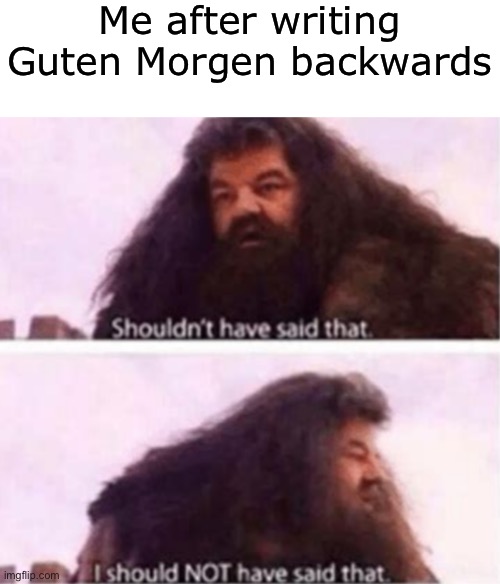 Oh shi- | Me after writing Guten Morgen backwards | image tagged in shouldn't have said that | made w/ Imgflip meme maker