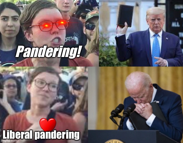 Pandering! Liberal pandering | image tagged in triggered liberal,joe biden,memes,politics lol | made w/ Imgflip meme maker