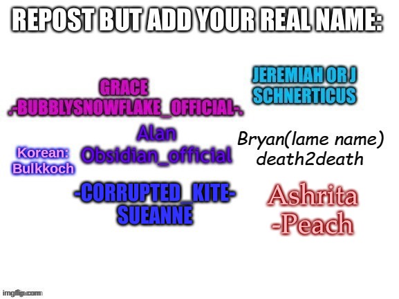 Ashrita
-Peach | made w/ Imgflip meme maker