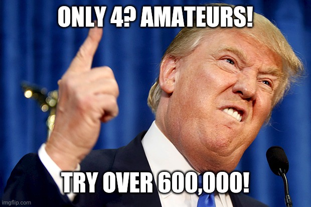 Donald Trump | ONLY 4? AMATEURS! TRY OVER 600,000! | image tagged in donald trump | made w/ Imgflip meme maker