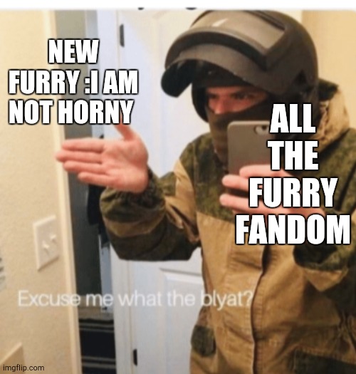 Furrys | ALL THE FURRY FANDOM; NEW FURRY :I AM NOT HORNY | image tagged in what the blyat | made w/ Imgflip meme maker