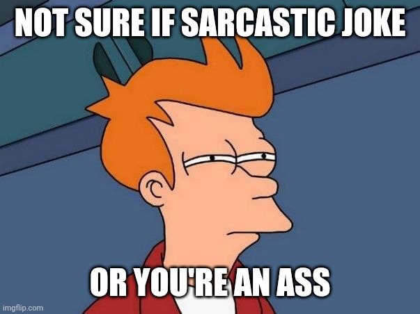 Not sure if- fry | NOT SURE IF SARCASTIC JOKE; OR YOU'RE AN ASS | image tagged in not sure if- fry | made w/ Imgflip meme maker