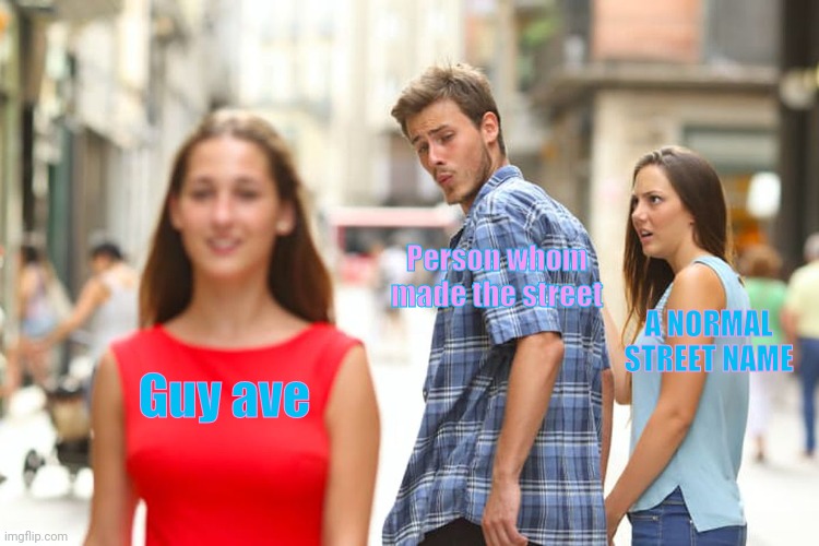 Distracted Boyfriend Meme | Guy ave Person whom made the street A NORMAL STREET NAME | image tagged in memes,distracted boyfriend | made w/ Imgflip meme maker
