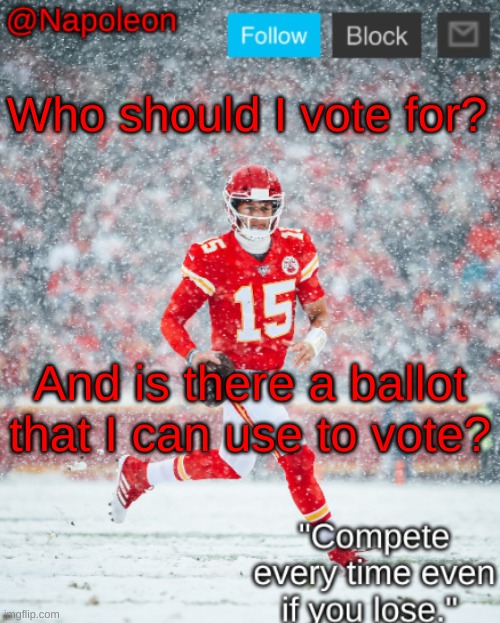 Who should I vote for? And is there a ballot that I can use to vote? | image tagged in napoleon's mahomes temp | made w/ Imgflip meme maker
