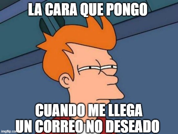 Futurama Fry Meme | LA CARA QUE PONGO; CUANDO ME LLEGA UN CORREO NO DESEADO | image tagged in memes,futurama fry | made w/ Imgflip meme maker