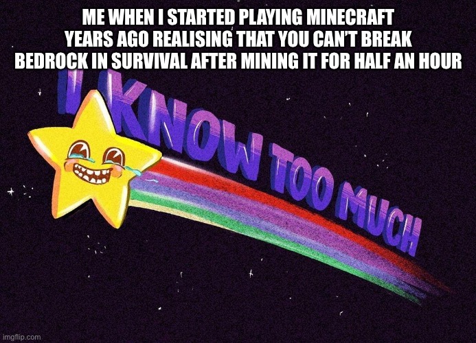I was so stupid then ? | ME WHEN I STARTED PLAYING MINECRAFT YEARS AGO REALISING THAT YOU CAN’T BREAK BEDROCK IN SURVIVAL AFTER MINING IT FOR HALF AN HOUR | image tagged in i know too much,minecraft,noob,bedrock | made w/ Imgflip meme maker