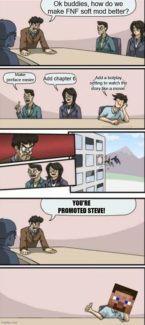 Boardroom Meeting Sugg 2 | Ok buddies, how do we make FNF soft mod better? Make preface easier; Add chapter 6; Add a botplay setting to watch the story like a movie. YOU'RE PROMOTED STEVE! | image tagged in boardroom meeting sugg 2,fnf soft,fnf,minecraft steve | made w/ Imgflip meme maker