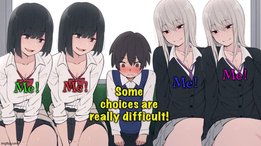 Poor little guy | Me! Me! Me! Me! Some choices are really difficult! | image tagged in four beautiful girls seducing one poor lucky little boy | made w/ Imgflip meme maker