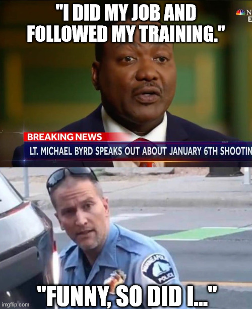 Careful, Leftists.  You're double standard is showing. |  "I DID MY JOB AND FOLLOWED MY TRAINING."; "FUNNY, SO DID I..." | image tagged in double standards,memes,race card,democratic socialism,capital | made w/ Imgflip meme maker