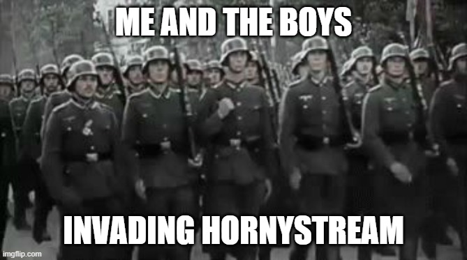 Wehrmacht Soldiers Marching  | ME AND THE BOYS; INVADING HORNYSTREAM | image tagged in wehrmacht soldiers marching | made w/ Imgflip meme maker