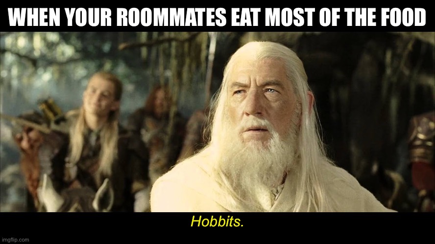 Gandalf |  WHEN YOUR ROOMMATES EAT MOST OF THE FOOD; Hobbits. | image tagged in gandalf,hobbits,hobbit,lord of the rings,lotr,tolkien | made w/ Imgflip meme maker