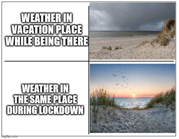 weather... | WEATHER IN VACATION PLACE WHILE BEING THERE; WEATHER IN THE SAME PLACE DURING LOCKDOWN | image tagged in 4 square grid | made w/ Imgflip meme maker