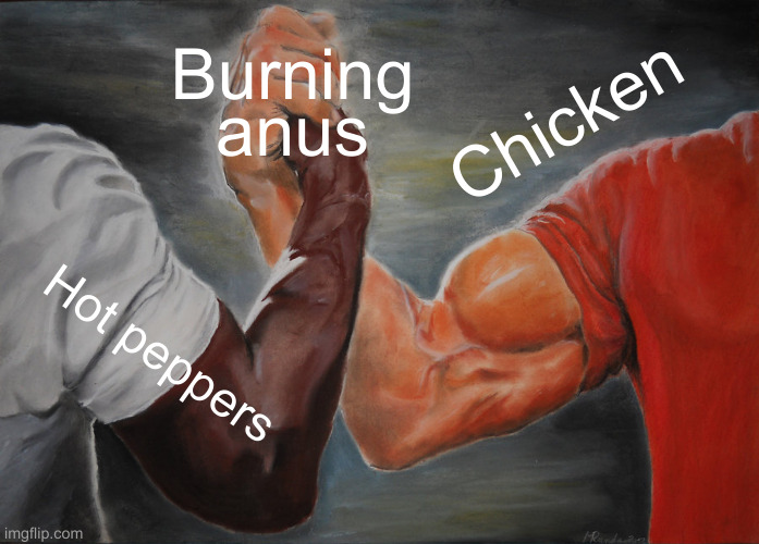 Chicken wings lol | Burning anus Hot peppers Chicken | image tagged in memes,epic handshake | made w/ Imgflip meme maker