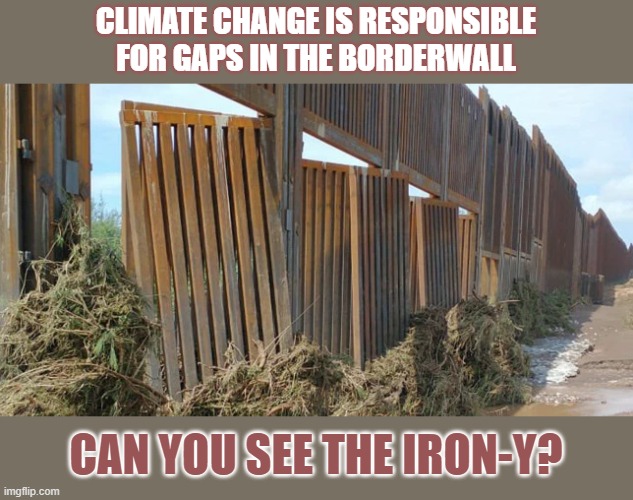 #ClimateChange can even destroy an 'indestructible' wall |  CLIMATE CHANGE IS RESPONSIBLE
FOR GAPS IN THE BORDERWALL; CAN YOU SEE THE IRON-Y? | image tagged in climate change,border wall,trump wall | made w/ Imgflip meme maker