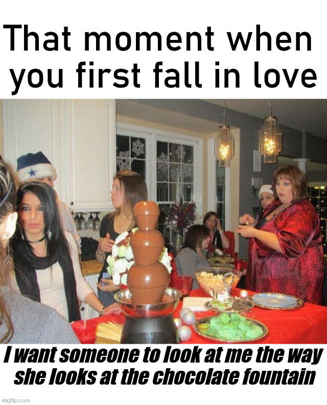 The lady in red has fallen in love. |  That moment when 
you first fall in love; I want someone to look at me the way 
she looks at the chocolate fountain | image tagged in love,that look you give,falling | made w/ Imgflip meme maker