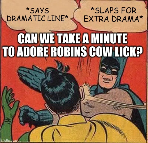 Batman Slapping Robin |  *SAYS DRAMATIC LINE*; *SLAPS FOR EXTRA DRAMA*; CAN WE TAKE A MINUTE TO ADORE ROBINS COW LICK? | image tagged in memes,batman slapping robin | made w/ Imgflip meme maker