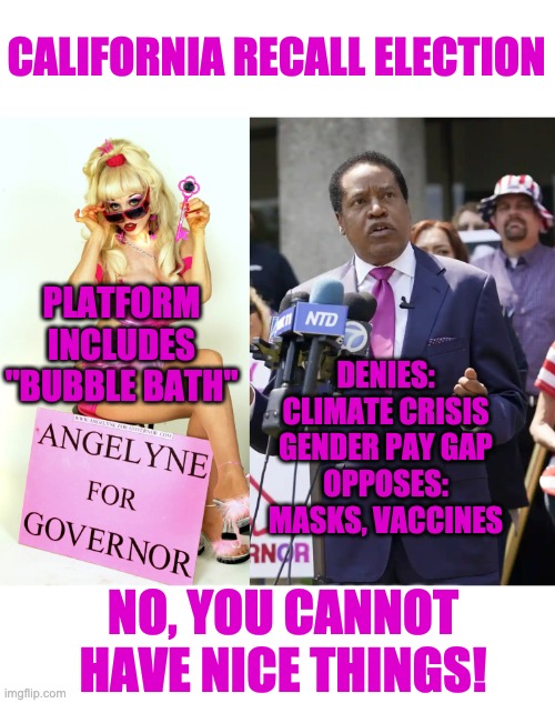 Direct democracy is sometimes . . . a circus | CALIFORNIA RECALL ELECTION; PLATFORM INCLUDES "BUBBLE BATH"; DENIES:
CLIMATE CRISIS
GENDER PAY GAP

OPPOSES:
MASKS, VACCINES; NO, YOU CANNOT HAVE NICE THINGS! | image tagged in california,election,politics | made w/ Imgflip meme maker